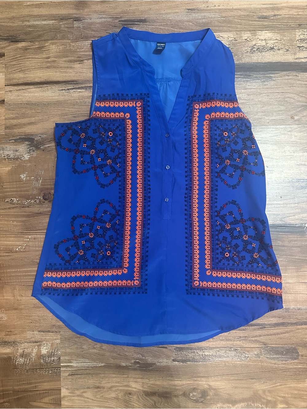 Old Navy Royal Blue Sleeveless Embroidered Popover Top with Orange Accents